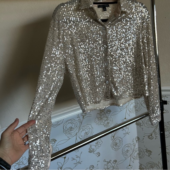 Boxy sparkle sequined button up blouse shirt silver nwot - Picture 2 of 5